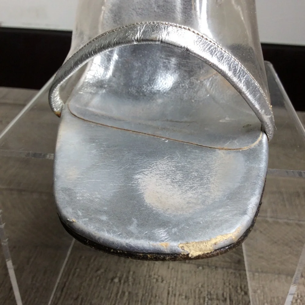 vintage Yves Saint Laurent silver and clear lucite mules with mirror finish